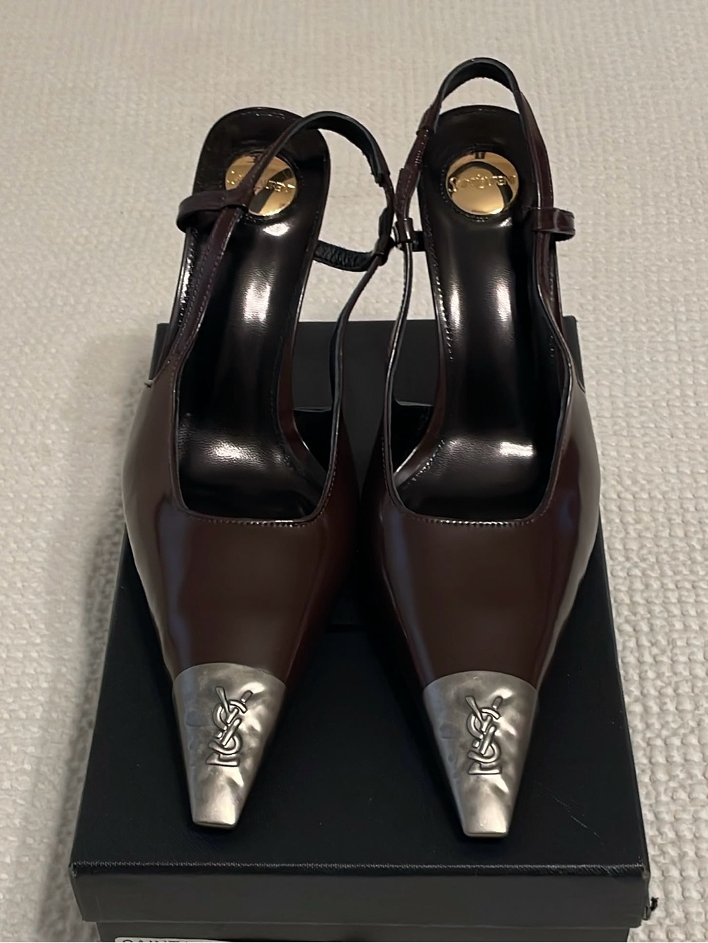 Saint Laurent Dark Brown Leather Pointed Slingback Pumps with Silver Caps